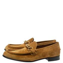 Burberry Brown Suede Leather Solway Chain Detail Slip On Loafers Size 42