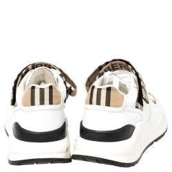 Pre Owned Burberry White/Beige Leather And Checked Canvas Ronnie Sneakers Size 44