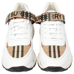 Pre Owned Burberry White/Beige Leather And Checked Canvas Ronnie Sneakers Size 44