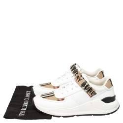 Pre Owned Burberry White/Beige Leather And Checked Canvas Ronnie Sneakers Size 44