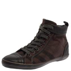 Burberry Brown Check Canvas And Leather Cap Toe High Top Sneakers Size 43
