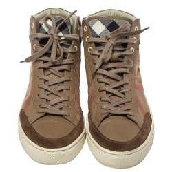 Pre Owned Burberry Beige Housecheck Canvas And Leather Painton High Top Sneakers Size 43