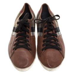 Pre Owned Burberry Brown/Beige House Check Canvas and Leather Sneakers Size 41