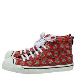 Burberry Red Tiled Archive Print Fabric High-Top Sneakers Size 44