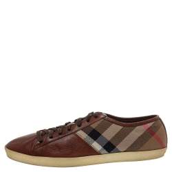 Burberry Brown Leather And Nova Check Canvas Low Top Sneakers Size 43