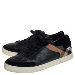 Burberry Black Leather And House Check Canvas Low Top Sneakers Size 46