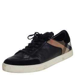 Burberry Black Leather And House Check Canvas Low Top Sneakers Size 46