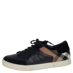 Burberry Black Leather And House Check Canvas Low Top Sneakers Size 46