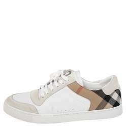 Burberry White/Beige House-Check Canvas And Leather Lace Up  Sneakers Size 45.5 