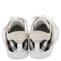 Burberry White/Beige House-Check Canvas And Leather Lace Up  Sneakers Size 45.5 