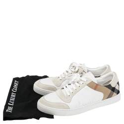 Burberry White/Beige House-Check Canvas And Leather Lace Up  Sneakers Size 45.5 