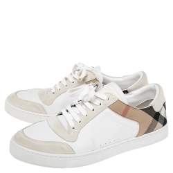 Burberry White/Beige House-Check Canvas And Leather Lace Up  Sneakers Size 45.5 