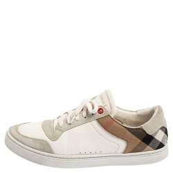 Burberry White/Beige House Check Canvas and Leather Low Top Sneakers Size 41.5