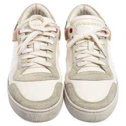 Burberry White/Beige House Check Canvas and Leather Low Top Sneakers Size 41.5