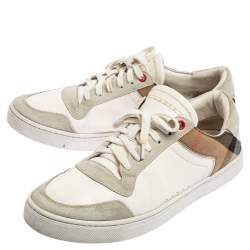 Burberry White/Beige House Check Canvas and Leather Low Top Sneakers Size 41.5