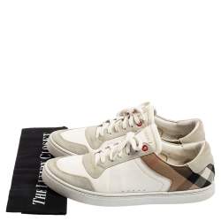 Burberry White/Beige House Check Canvas and Leather Low Top Sneakers Size 41.5
