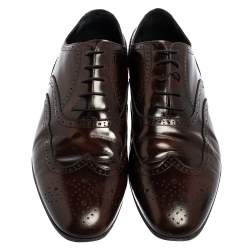 Pre Owned حذاء أكسفورد بربري جلد لامع بروغير بني داكن مقاس 44.5