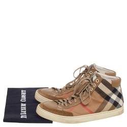 Burberry Brown Leather And Check Canvas High Top Sneakers Size 43