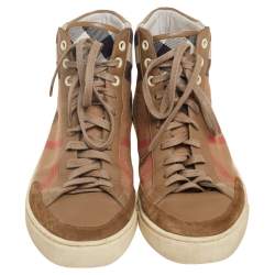 Burberry Brown Leather And Check Canvas High Top Sneakers Size 43