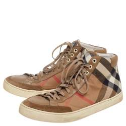 Burberry Brown Leather And Check Canvas High Top Sneakers Size 43