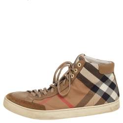 Burberry Brown Leather And Check Canvas High Top Sneakers Size 43