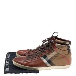 Burberry Brown Leather And Check Canvas High Top Sneakers Size 44