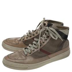 Pre Owned Burberry Beige Leather And Check Canvas High Top Sneakers Size 44