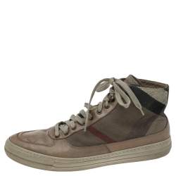 Pre Owned Burberry Beige Leather And Check Canvas High Top Sneakers Size 44