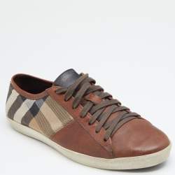 Burberry Brown/Beige Leather And Nova Check Canvas Low Top Sneakers Size 42