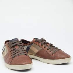 Burberry Brown/Beige Leather And Nova Check Canvas Low Top Sneakers Size 42
