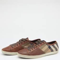 Burberry Brown/Beige Leather And Nova Check Canvas Low Top Sneakers Size 42