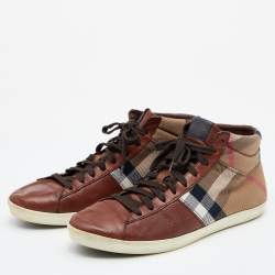 مملوكة مسبقًا حذاء رياضي بربري جلد وكانفاس كاروهات هاوس تشيك بيج/بني مقاس 41