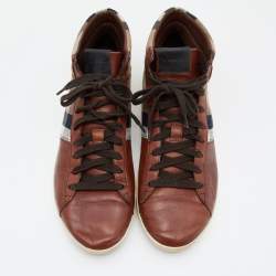 مملوكة مسبقًا حذاء رياضي بربري جلد وكانفاس كاروهات هاوس تشيك بيج/بني مقاس 41