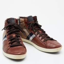 مملوكة مسبقًا حذاء رياضي بربري جلد وكانفاس كاروهات هاوس تشيك بيج/بني مقاس 41