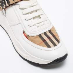 Burberry White/Beige Leather And House Check Canvas Ronnie Sneakers Size 40