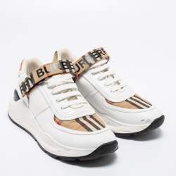 Burberry White/Beige Leather And House Check Canvas Ronnie Sneakers Size 40