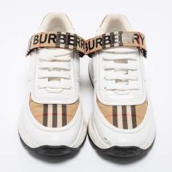 Burberry White/Beige Leather And House Check Canvas Ronnie Sneakers Size 40