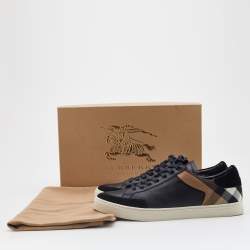 Burberry Black/Beige Leather and House Check Canvas Low Top Sneakers Size 43