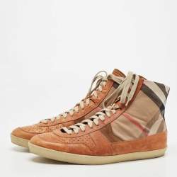 Pre Owned Burberry Tan/Beige Leather And Canvas High Top Sneakers Size 45