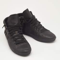Pre Owned Burberry Black Leather and Check Canvas High Top Sneakers Size 44