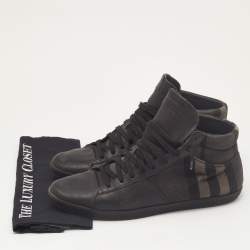 Pre Owned Burberry Black Leather and Check Canvas High Top Sneakers Size 44