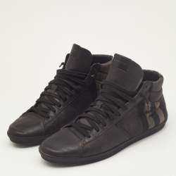 Pre Owned Burberry Black Leather and Check Canvas High Top Sneakers Size 44