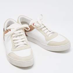 Burberry White/Beige Leather and Canvas Reeth Low Top Sneakers Size 42