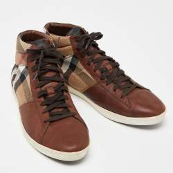 Burberry Brown/Beige Leather And Check Canvas High Top Sneakers Size 45