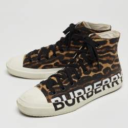Pre Owned Burberry Brown/Black Leopard Print Canvas Larkhall High Top Sneakers Size 42
