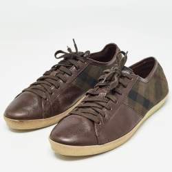 Burberry Brown Leather and Nova Check Canvas Low Top Sneakers Size 44