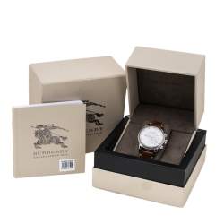 Pre Owned Burberry Silver White Stainless Steel Leather BU7817 Men's Wristwatch 42 mm