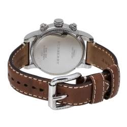 Pre Owned Burberry Silver White Stainless Steel Leather BU7817 Men's Wristwatch 42 mm