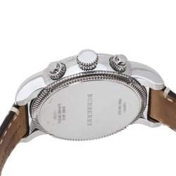 Pre Owned Burberry Silver White Stainless Steel Leather BU7817 Men's Wristwatch 42 mm