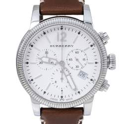 Pre Owned Burberry Silver White Stainless Steel Leather BU7817 Men's Wristwatch 42 mm